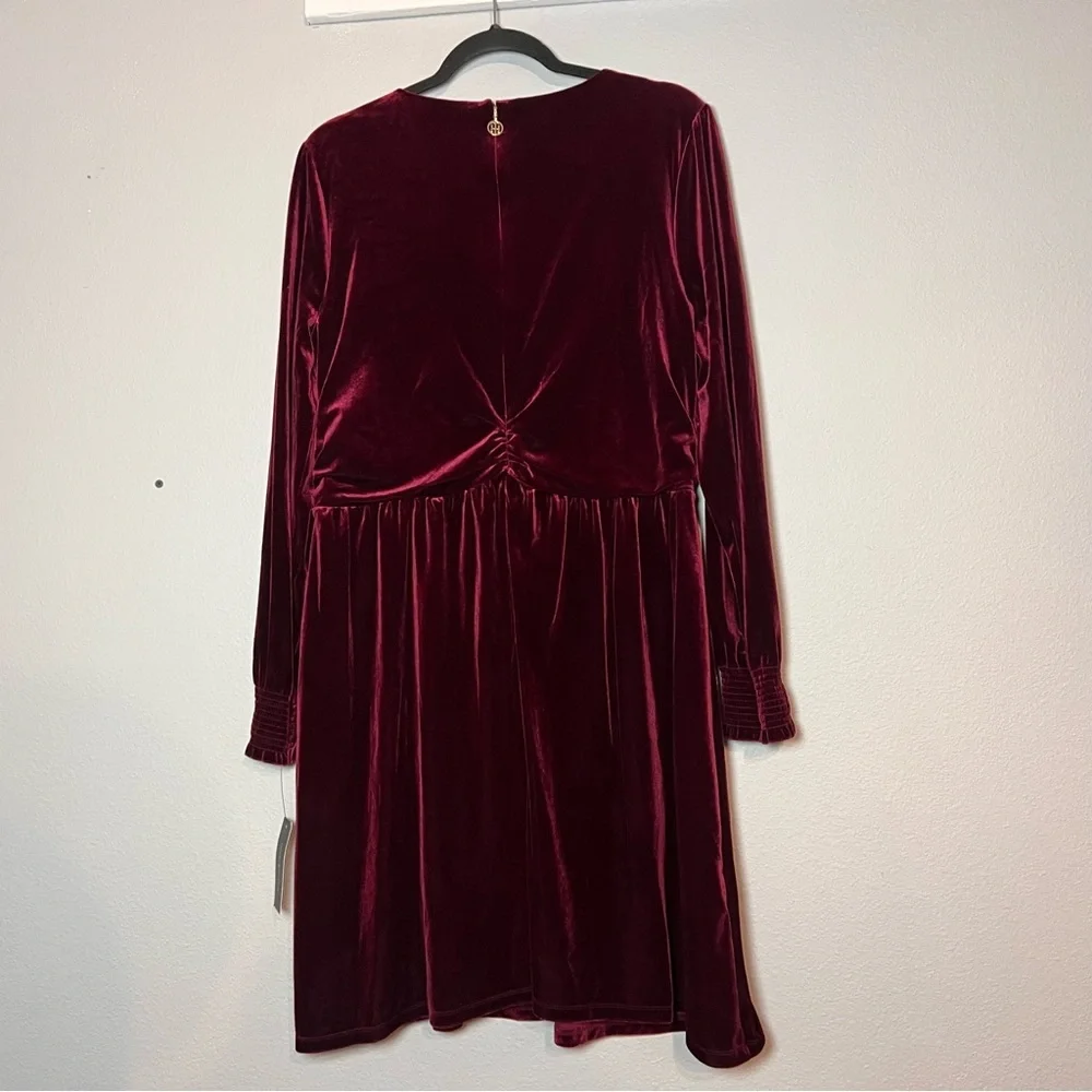 Tommy Hilfiger Faux Wrap Mini Dress Burgundy Red Velvet Long Sleeve Size 14 NWT - Picture 7 of 13